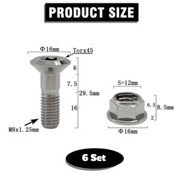 RISON-Titanium Set of 6 Titanium Chainring Bolts M8, Pinion Screws and Nuts Kits, Chainwheel Bolt Set and Locking Flange Nuts Universal for Motorcycles, MTB Road Bikes