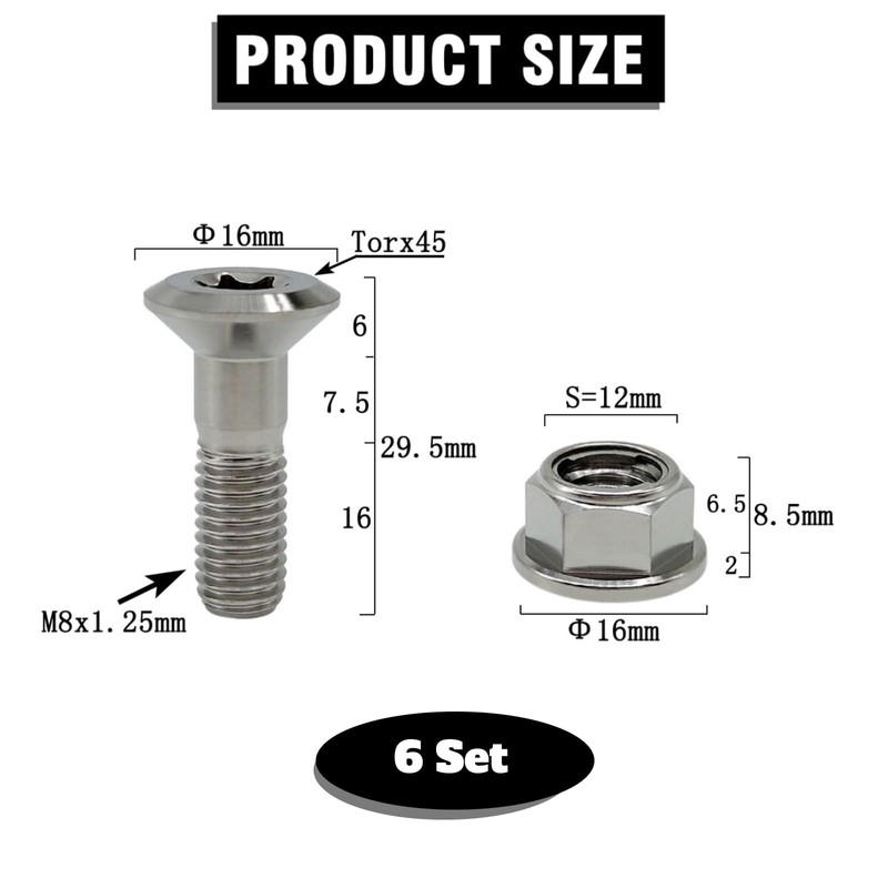 RISON-Titanium Set of 6 Titanium Chainring Bolts M8, Pinion Screws