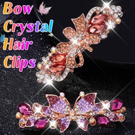 EASEDAILY Crystal French Hair Barrettes Gold Rhinestone Hair Clips Sparkly Butterfly Bow Hair Accessories for Women (Pack of 2) (Purple and Champagne)
