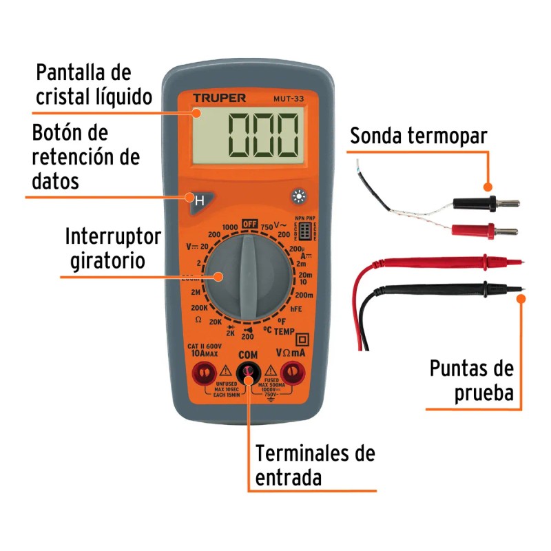Tester Multimetro Digital 10 A Profesional Truper MUT-33