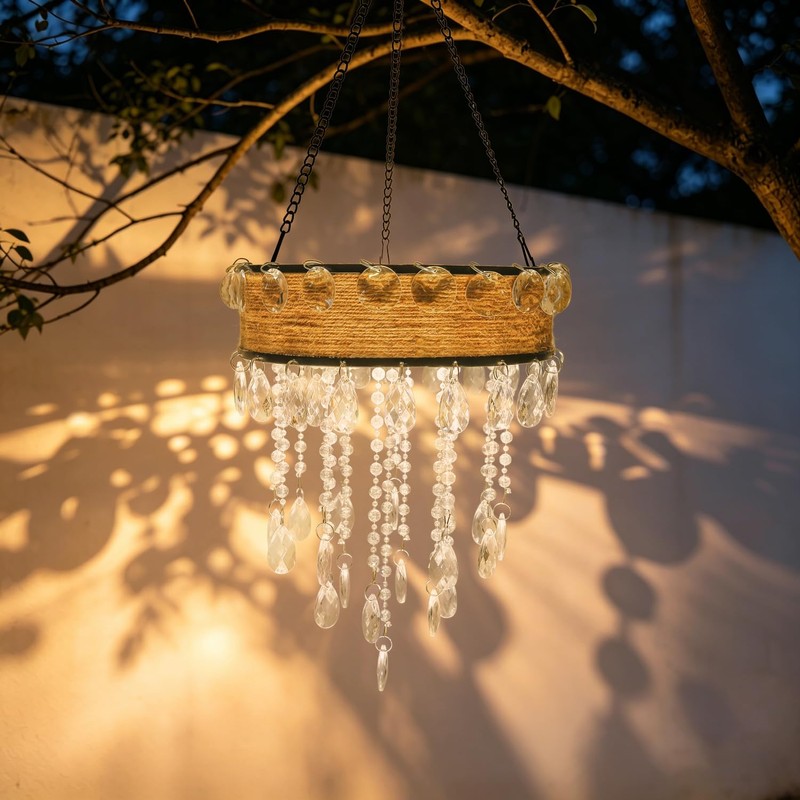 Solar Outdoor Hanging Chandelier, Waterproof Rustic Rattan Hanging Light with
