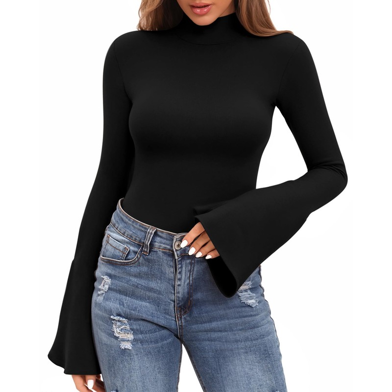 MANGOPOP Bell Sleeve Mock Neck Long Sleeve Bodysuit for Going