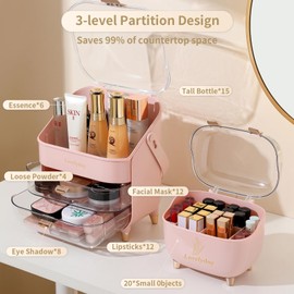 Makeup Organizer & Skincare Organizers, Cosmetic Organizer Box for Countertop with Lid & 3 Drawers,Cosmetics Skincare Organizers withTeen Girl Gifts Trendy Stuff Make up Organizers for Vanity
