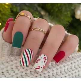 24Pcs Christmas False Nails - Press on XMAS Nails - Red White Fake Nails with Reindeer & Snowflake - includes Gel Stickers AND Nail Glue XMAS09