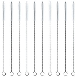 Straw Cleaner Brush, Extra Long Nylon Bristles and Stainless Steel Handle Cleaning Brushes for Washing Glass Silicone Metal Straws Tea Pot Spout Bottle 10 ihch X 2/5 inch Set of 10