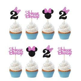 ShuanQ Pink Glitter Mini Mouse Inspired Cupcake Toppers with Bow - Kids Girls 2nd Birthday Baby Shower Party Cupcake Decorations - Cartoon Theme Pink Mouse Party Supplies (2nd)