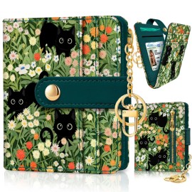 Jogjam Black Cat Floral Rfid Women Wallet Small Slim Thin Credit Card Wallet PU Leat