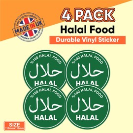 100% Halal Food Sticker – Set of 4 Round Green Vinyl Decals – Laminated Arabic & English Halal Sign for Restaurant Window Stickers, Shopfront – Halal Certification Sign – Waterproof (4 pieces)
