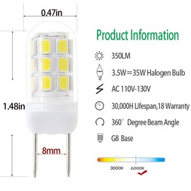 G8 Led Bulbs,35W Halogen Replacement Bulb, Dimmable 120V 3.5W Led, G8 Bi-Pin Bulb Led, White 6000K,for Light Fitting, Under Counter Kitchen Lighting (5 Packs)