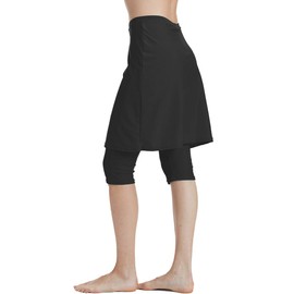 Akaeys Women's Swim Skirt with Attached Capri Leggings Sun Protection Athletic Sports Swimwear Bottom Black