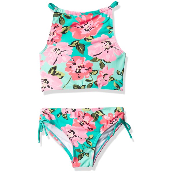 Kanu Surf Girls' Daisy UPF 50+ Beach Sport Halter Tankini 2-Piece Swimsuit, Flower Power Pink/Green, 5