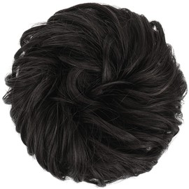 FESHFEN Messy Bun Hair Pieces - Large Wavy Curly Elastic Hair Bun Scrunchies Ponytail Extensions Synthetic Chignon Hairpieces for Women, Black Brown 1.94oz