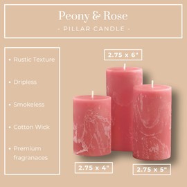 Becky Home Pink Scented Pillar Candles Set of 3, 3x4, 3x5, 3x6 Pink Candles, Peony Rose Pilar Scented Candle, Ideal as Wedding, Parties, Spa, Dinner, Home Decor, Church