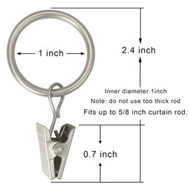 WeeksEight - Paquete de 100 anillos de cortina de plata mate con clips, ganchos de cortina, ganchos de clip para colgar cortinas, sombreros de lazos, anillos de cortina de 1 pulgada I D, se adapta a