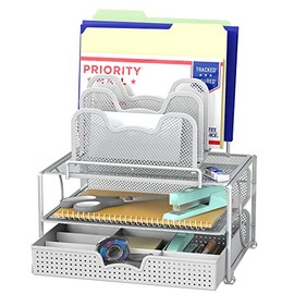 SimpleHouseware Mesh Desk Organizer with Sliding Drawer, Double Tray and 5 Stacking Sorter Sections, Silver