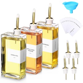 Reallnaive 3 Sets Olive Oil Dispenser Bottles for Kitchen with Nozzles Funnel Labels Cooking Oil Dispenser 500ml Set for Kitchen Vinegar Coffee Syrup (Gold)
