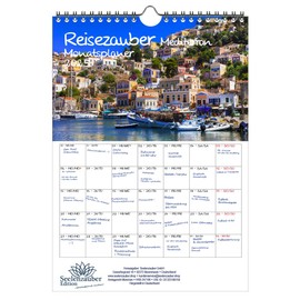 Travel Magic Mediterranean Planner, DIN A4 Calendar for 2025, Mediterranean Country, Set: 1 x Calendar, 1 x Christmas Pendant, 1 x Greeting Tag (Total 3 Pieces)