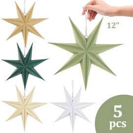 SUNBEAUTY Christmas 5Pcs Paper Stars 7 Pointed 12 Inch Hanging Paper Star Lanterns Christmas Hanging Lamp Paper Decorations Shade Wedding Birthday Christmas Home Party