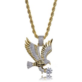 TOPGRILLZ Hip Hop 14K Gold Plated Iced out Simulated Diamond Eagle Pendant Necklace with 24” Rope Chain (Gold)
