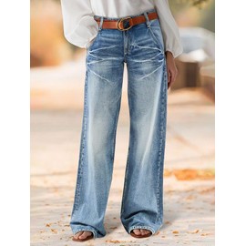 Flamingals Wide Leg Jeans for Women Mid Waist Baggy Stitch Decor Denim Washed Pants Without Belt Ice Blue XL