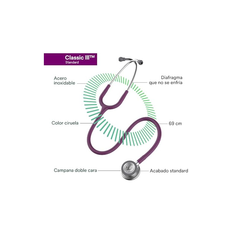 3M Littmann Estetoscopio Classic III, Manguera Color Ciruela, Acabado Standard,