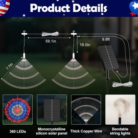 4th of July Decorations Solar Firework Lights, 4 Pack 720LED 8 Modes Red White Blue Patriotic Light Waterproof with Remote Timer Hanging Fireworks Lights for Outdoor Independence Day Memorial Day