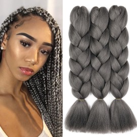 Dcbaboo Jumbo Braiding Hair Extensions 3packs 24inch Hair Extensions for Braiding Synthetic Hair Kanekalon Ombre Braids Hair Extensions Afro Crochet Braids Twist Hair Extensions 300g, Dark Grey