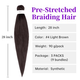 BNG 3X Pre-Stretched Braiding Hair, 28" Professional Itch Free Synthetic Fiber Braids Hair Extensions for Easy Braid, 3 PACKS (9 bundles), (#4 Light Brown)