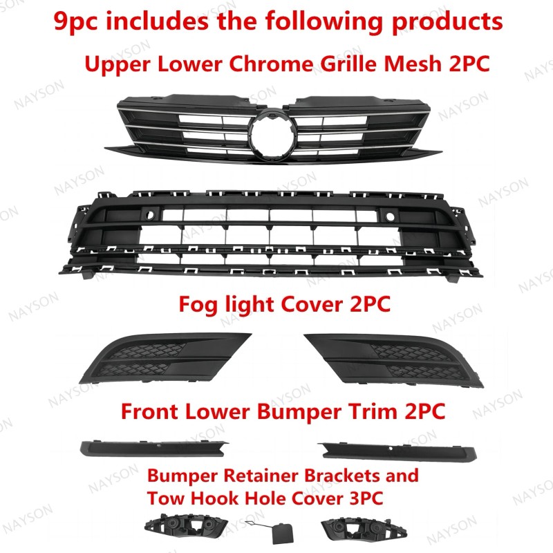 NAYSON 9PC For Jetta 2015-2018 Front Upper Lower Chrome Grille