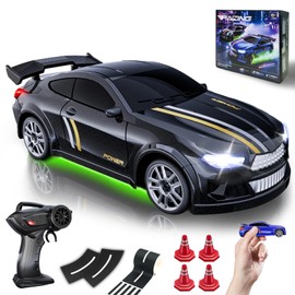 Mini RC Drift Car 1/64 Scale, Remote Control Car with LED Lights & 2-Speed Modes, 2.4GHz Stunt Drifting RC Toys with 4 Obstacles & Road Tape, Hobby Gift for Kids & Adults, Black