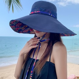 6" Extra Wide Brim Sun Hats UPF 50+ UV Protection Packable Beach Hat Strap Women (Navy)