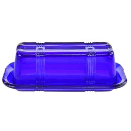 Home-X Glass Butter Dish With Lid - Vintage Style Keeper for Countertop, Retro Container With Cover, Dishwasher Safe Holder, 6 3/4" L x 3 1/4" W x 2 1/2" H, Blue