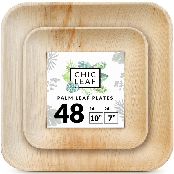 Chic Leaf Palm Leaf Plates Disposable Bamboo Plates Like 10 Inch & 7 Inch Square Party Pack (48 Pc) Compostable and Biodegradable - Better than Plastic and Paper Plates