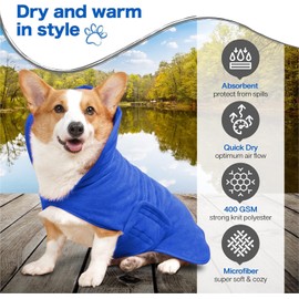 Dog Towel-400 GSM XL Size Blue Microfiber Dog Drying Coat-Double Layered Dog Towels for Drying Dogs-Fast Drying Dog Bathrobe -Super Absorbent Hook & Loop Design Dog Robe
