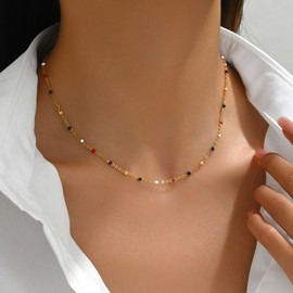 NONAMOIS Gold Chain Necklace Dainty Boho Beaded Necklaces for Women 18K Gold Plated Stainless Steel Necklace Minimalist Trendy Jewelry