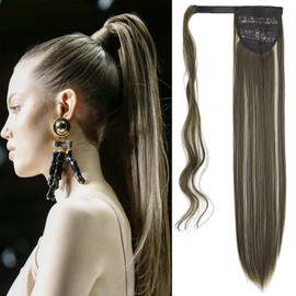 Gairyan 24" Long Straight Ponytail Extension Wrap Around Clip in Pony tail Hair Extensions Hightlight Hairpieces for Women Girls Real Natural Look (Ash Blonde & Dirty Blonde)