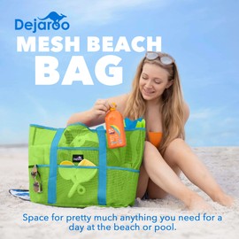 Dejaroo - Sand Free Mesh Bag - Strong Lightweight Tote For Beach & Vacation Essentials. Tons of Storage with 8 Pockets, Foldable, 17x9x15 inches, Green with Aqua Straps