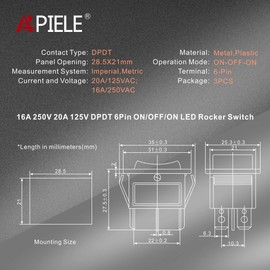 APIELE 3Pcs 3 Position Rocker Toggle Switch DPDT 6 Pin AC 125V/10A 250V/16A ON-Off-ON with LED Light KCD2-203N (Red)