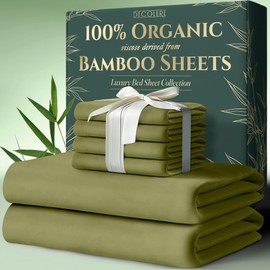 DECOLURE 100% Organic Viscose Derived from Bamboo Sheets King Size 6pcs - Ultra Soft & Luxuriously Cooling, 17" Deep Pocket, Double Stitching, Perfect for Hot Sleepers - King Bed Sheets (Light Olive)