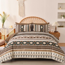 Dinjoy Brown Boho Comforter Set Queen Size,7 Pieces Bed in a Bag Queen Coffee Western Bedding Sets with Sheets Bohemian Geometric Striped Complete Set Aztec for All Seasons Summer 90"x90"