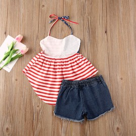 Honganda Fashion 2Pcs Toddler Kids Baby Girl Sunflower Outfits Sleeveless Tank Top+Denim Shorts Summer Clothes (Striped, 4T / 5T)