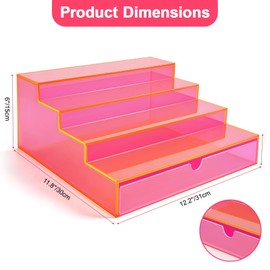 Perfume Organizer for Women Acrylic Perfume Display Shelf with Drawer 4-Tier Makeup Stand for Vanity Cosmetic Display Case, Neon Pink