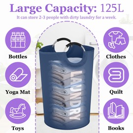 IHOMAGIC 125L Foldable Laundry Basket with Handles, Large Clothes Hamper for Bedroom, Freestanding Dirty Clothes Basket, Sturdy Laundry Bin for Living Room, Camping, Navy Blue