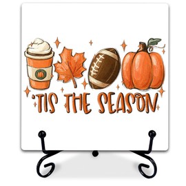 5'' Autumn Wooden Sign With Metal Stand - Tis' The Season - Maple Leaves & Pumpkin Rustic Fall Wooden Plaque Tabletop Gifts For Friends Family Coworkers - Home Room Office Shelf Decor & Supplies -A19