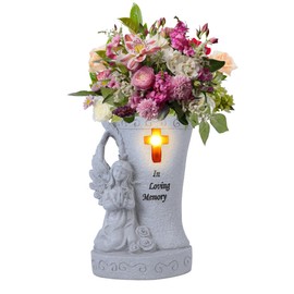 Memorial Gifts for Cemetery - Garden Angel Statue with Solar Led Light and Vases, Remembrance Gifts, Cemetary Grave Decorations (White)