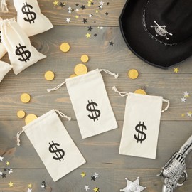 Juvale 12 Pack Dollar Sign Drawstring Gift Bags, Cowboy Pirate Theme Birthday Party Favor Canvas Pouches, 4.3 x 7 in