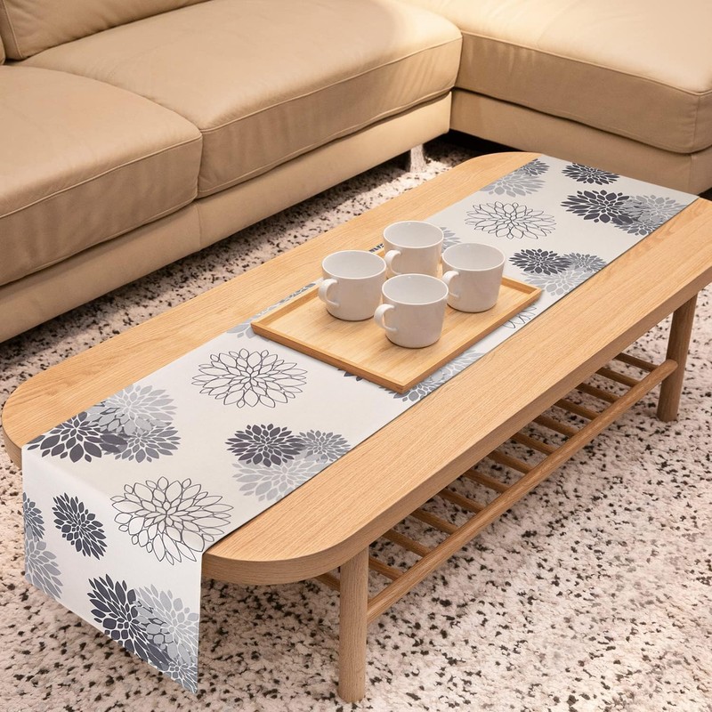 Inhobbok Table Runner Light Grey Dahlia Flower Linen Modern Attractive