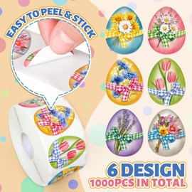 Whaline 1000Pcs Easter Floral Egg Stickers Roll Flower Ribbon Bowknot Egg Shape Paper Decals Spring Colorful Self-Adhesive Sealing Stickers for Envelope Scrapbook Decor Party Supplies