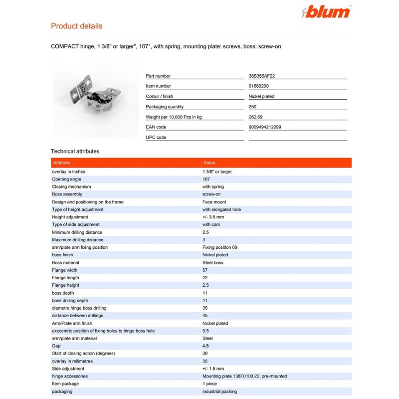 Blum Compact Furniture Hinge 107° with Spring for Screwing Including