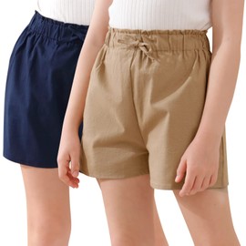 GORLYA - Paquete de 2 pantalones cortos casuales de sarga de lino con cintura elástica y ribete con volantes para niñas de 4 a 14 años, Caqui+azul marino, 12 Años